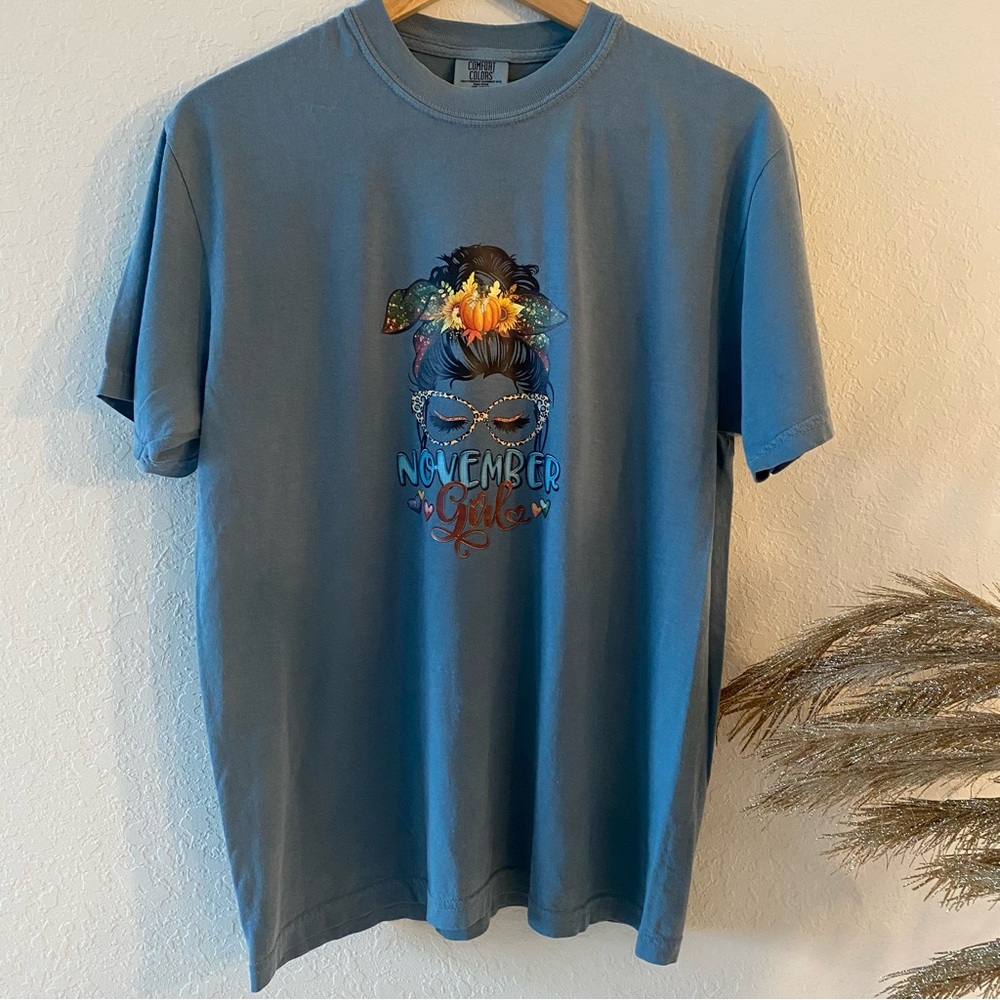 Steel Blue Graphic T-Shirt for women November Girl design size M NWT